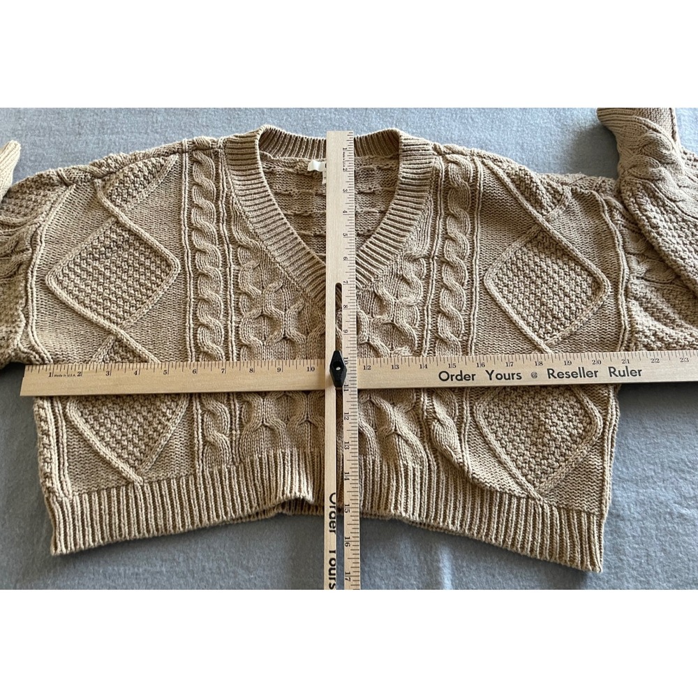 BP Nordstrom Tan Cable Knit Cropped V-Neck Sweater Small Camel Brown - Picture 3 of 5